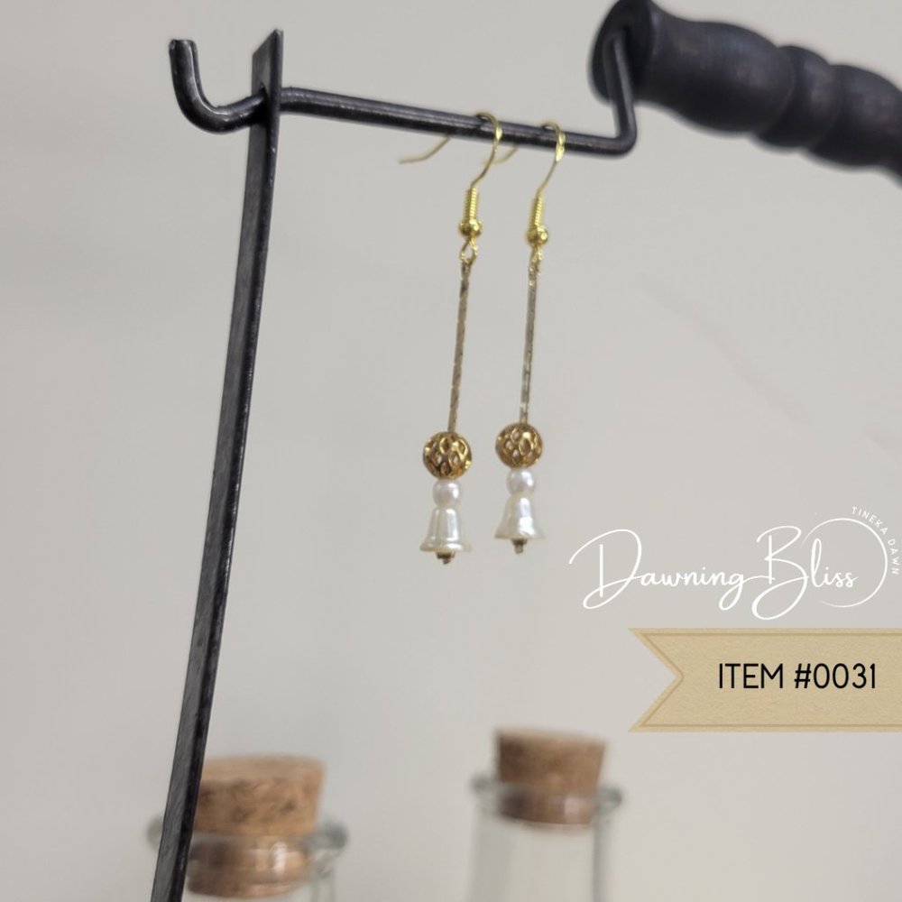 Gold, White Tassle Bell , Dangle Earrings, Vintage style by Tineka Dawn